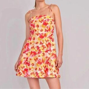 Tie-Shoulder Floral Mini Dress in Pink and Yellow